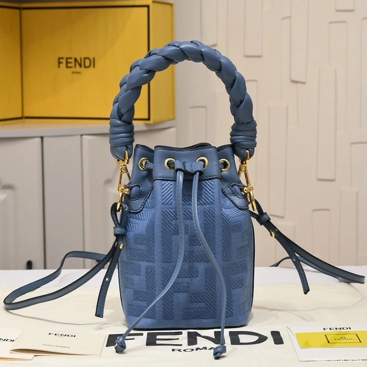 Affordable Bag Mon Fendi Canvas with In Blue Mini Motif Handle Woven Bucket FF Tresor 0808